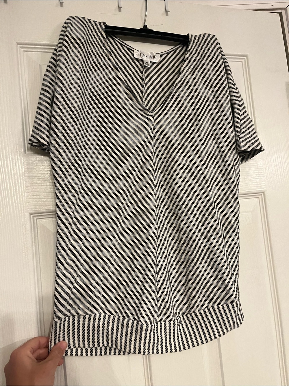 Lavish Black & White Striped V-Neck Short Sleeve Top
